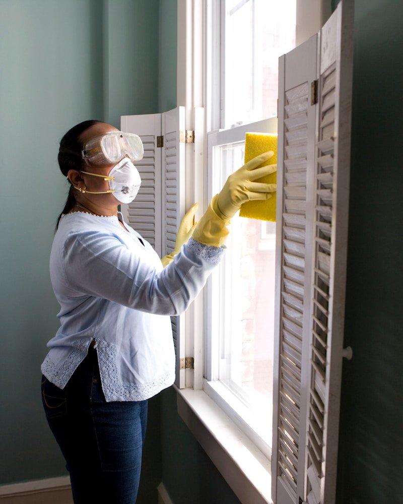CleaningPersonwithprotectivegear Woman cleaning with protective gear on